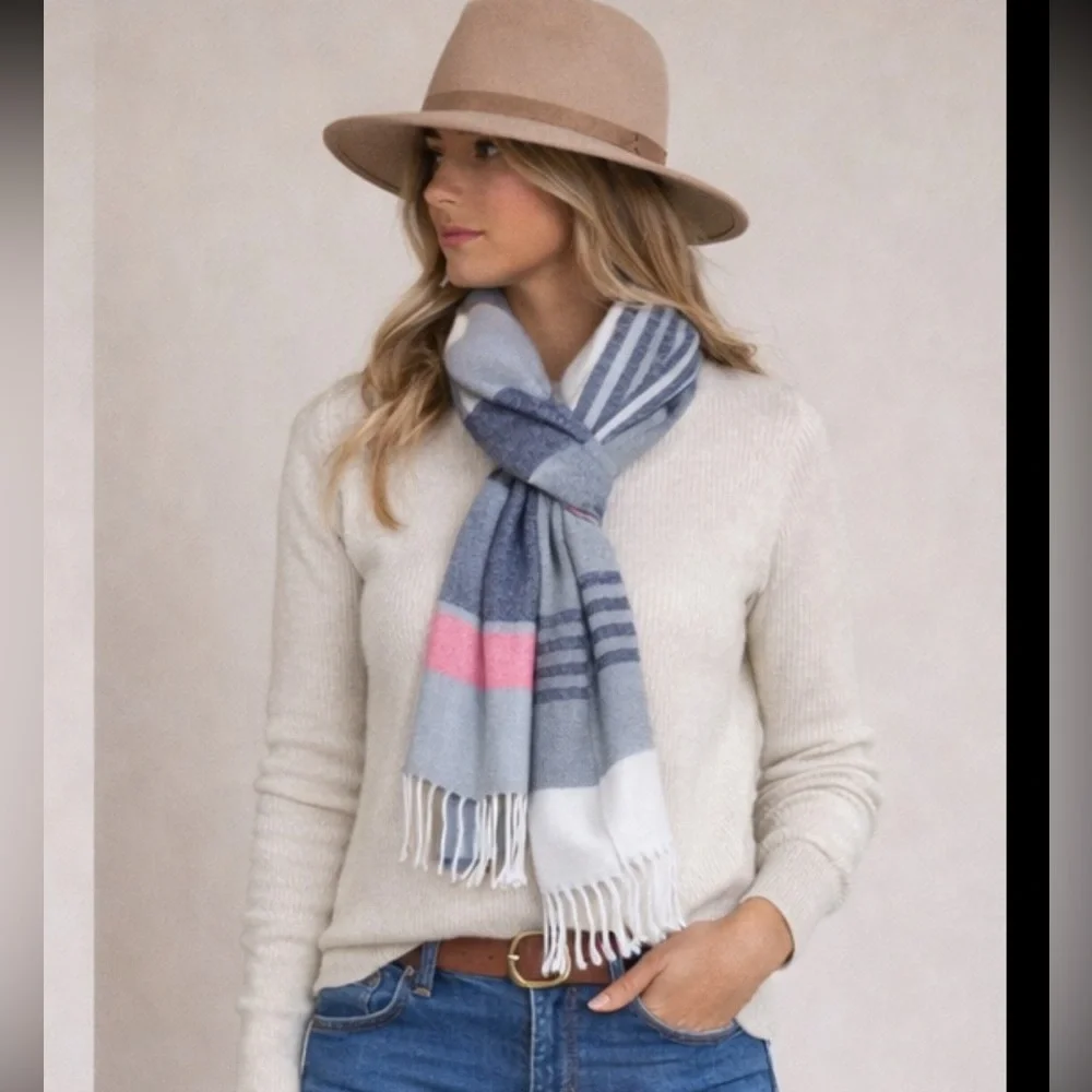 NEW | GAP Striped Scarf Wrap Blanket Fringe Pink White Gray Blue